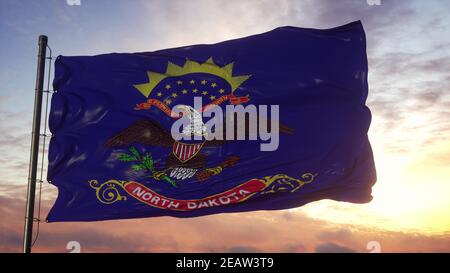 Bandiera del North Dakota che sventolava nel vento contro il cielo profondo e bello. illustrazione 3d Foto Stock