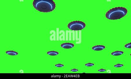 UFO alieni navicelle spaziali volare in formazione, invasione militare. Schermo verde. illustrazione 3d Foto Stock