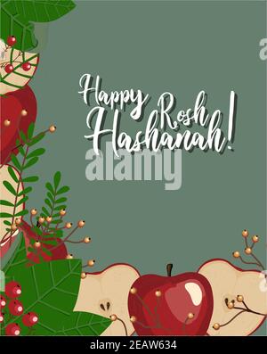 Cartolina autunnale. Mela rossa. Composizione autunnale. Manifesto per il nuovo anno ebraico. Iscrizione Happy rosh hashanah. Foto Stock