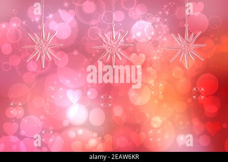 Modello di carta di Natale. Astratto festivo rosa rosso giallo natale fondo texture con bokeh illuminato xmas stelle e cuori. Bello disegno di scheda. Spazio. Foto Stock