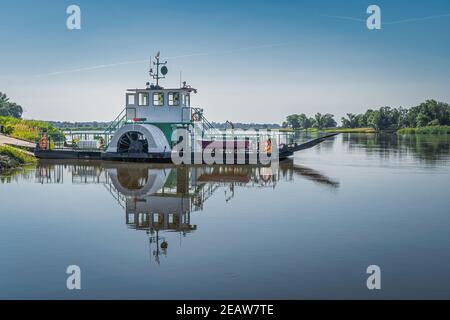 Traghetto vintage con vaporiera a pale che opera sul fiume Oder Polonia e Germania Foto Stock