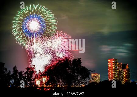 Setagaya-ku, esposizione fuochi d'artificio sul fiume Tama (2019) Foto Stock