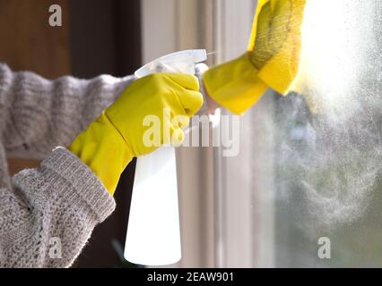 Pulizia di una finestra con detergente spray, guanti in gomma gialla e panno per stoviglie sulla superficie di lavoro per il concetto di igiene, business e salute Foto Stock