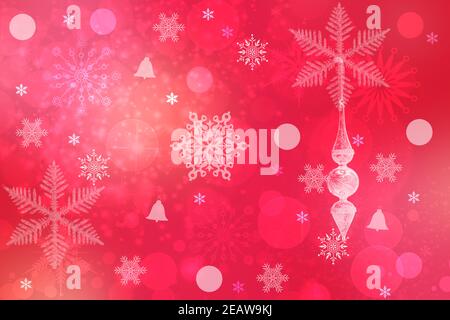 Modello di carta di Natale. Astratto festivo rosso rosa natale fondo texture con bokeh illuminato xmas stelle, baubles e cerchi. Bello disegno di scheda. Spazio. Foto Stock