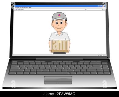 Computer portatile con corriere amichevole che consegna un pacco su bianco Desktop - illustrazione 3D Foto Stock