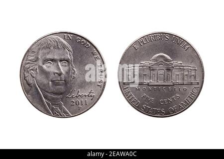 Moneta di nickel half dime USA (25 centesimi) Con un ritratto di Thomas Jefferson e Montecello esclusione inversa e isolamento Foto Stock
