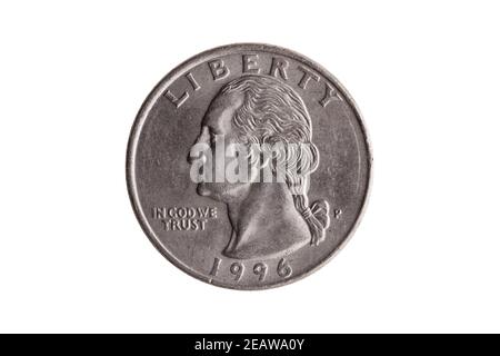 Moneta di nickel da un quarto di dollaro USA (25 centesimi) Con un'immagine ritratto di George Washington ritagliato e. isolato Foto Stock