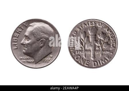 Moneta USA di nickel dime (10 centesimi) Obverse Franklin D Roosevelt ramo oliva inverso fiaccolata ramo quercia tagliato e isolato Foto Stock