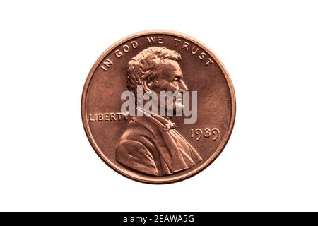 USA un centesimo di moneta con un ritratto immagine di Abraham Lincoln ha tagliato fuori e isolato Foto Stock