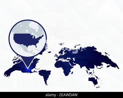 Mappa dettagliata degli Stati Uniti evidenziata sulla mappa mondiale arrotondata blu. Mappa degli Stati Uniti in cerchio. Illustrazione Vettoriale