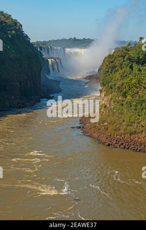 Guardando lo scivolo principale delle cascate di Iguazu Foto Stock