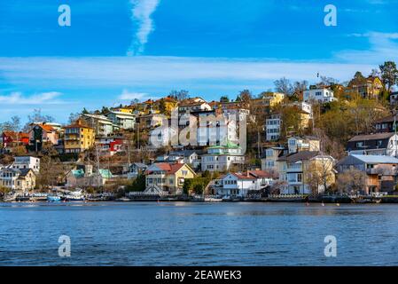 Piccolo villaggio sul Lago Malaren vicino Stoccolma in Svezia Foto Stock