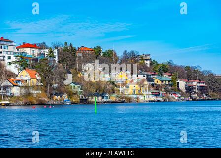 Piccolo villaggio sul Lago Malaren vicino Stoccolma in Svezia Foto Stock