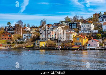 Piccolo villaggio sul Lago Malaren vicino Stoccolma in Svezia Foto Stock