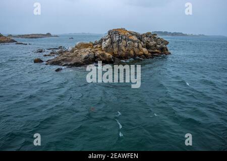 Roscoff, Francia - 28 agosto 2019: La piccola isola al largo della costa di Roscoff sulla costa settentrionale di Finistere in Bretagna Foto Stock