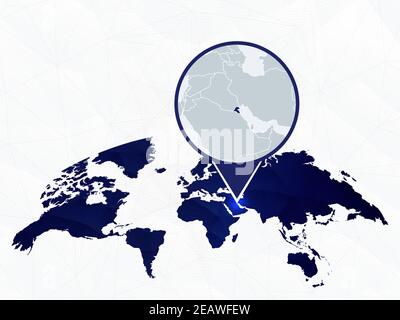 Kuwait Mappa dettagliata evidenziata su mappa mondiale arrotondata blu. Mappa del Kuwait in cerchio. Illustrazione Vettoriale