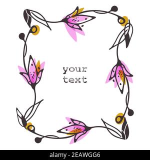 Cornice decorativa con doodle vettoriale. Linea d'inchiostro disegnata a mano, elementi di fiori, foglie Illustrazione Vettoriale