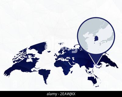 Corea del Sud Mappa dettagliata evidenziata su una mappa mondiale arrotondata di blu. Mappa della Corea del Sud in cerchio. Illustrazione Vettoriale