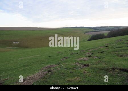 Guardando giù una lunga valle con campi di erba verde, terra rossa e bosco viola invernale sotto un cielo luminoso inverno, Nord Wessex Downs AONB Foto Stock