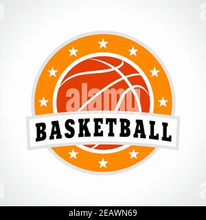 Logo vettoriale di basket. Palla, segno coppa sportivo. Simbolo del marchio delle competizioni nazionali, icona dell'app mobile, negozio di attrezzature sportive. Premio rosso creativo med Illustrazione Vettoriale