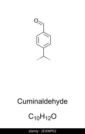 Cuminaldeide, formula chimica e struttura scheletrica. Cuminale, composto organico naturale e costituente di oli essenziali come cumino. Foto Stock