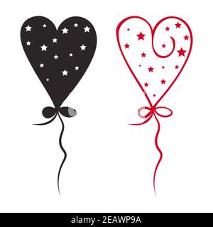 Set di icone di palloncini Doodle. Forma del cuore disegnata a mano con stelle. Sfondo bianco Illustrazione Vettoriale