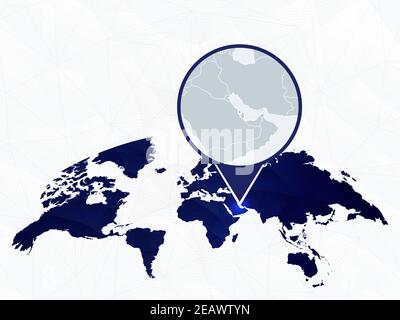 Mappa dettagliata del Bahrain evidenziata sulla mappa mondiale arrotondata blu. Mappa del Bahrein in cerchio. Illustrazione Vettoriale