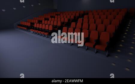 cinema vuoto illuminato da un proiettore e da sedili rossi. rendering 3d Foto Stock