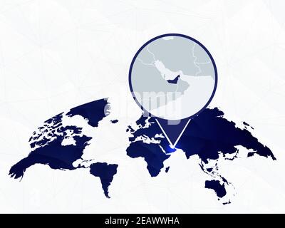 Mappa dettagliata degli Emirati Arabi Uniti evidenziata sulla mappa mondiale arrotondata blu. Mappa degli Emirati Arabi Uniti in cerchio. Illustrazione Vettoriale