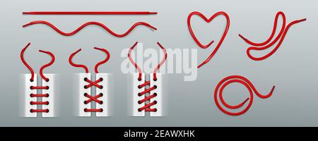 Scarpe rosse, allacciatura con corde in sneakers diversi modi. Serie vettoriale realistica di cordicelle per calzature a forma di cuore, di turbolenza, di onda e di linea retta. Stivali o scarpe con corde isolate su sfondo Illustrazione Vettoriale