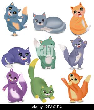 Divertenti gatti carini con diverse emozioni. Gatti domestici felici, tristi, pazzi, allegri. Colorati personaggi Cat. Illustrazione vettoriale. Illustrazione Vettoriale