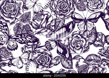 Modello artistico senza giunture con coda di palma gigante africana, alvaggio d'oro di wallace, regine della giungla, tigre pianura, papilio torquatus, rose Illustrazione Vettoriale