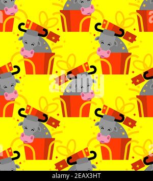 Modello regalo senza soluzione di continuità. Mucca in confezione regalo. Nuovo anno di storia Illustrazione Vettoriale