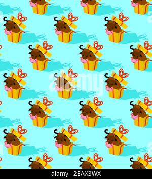 Modello regalo senza soluzione di continuità. Mucca in confezione regalo. Nuovo anno di storia Illustrazione Vettoriale