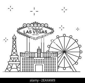 le icone relative al casinò di las vegas su sfondo bianco, stile di linea, illustrazione vettoriale Illustrazione Vettoriale