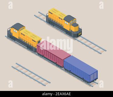 Immagine vettoriale isometrica del treno cargo giallo con contenitori rossi e blu. Elementi ferroviari. Davanti e dietro la locomotiva. Illustrazione Vettoriale