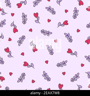 Romantico semplice motivo floreale vettoriale senza cuciture in stile doodle con fiori, cuori e foglie. Splendido tema di San Valentino. Sfondo rosa. Illustrazione Vettoriale