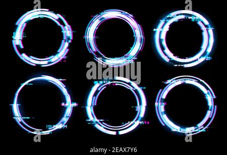 Fotogrammi digitali glitch, cerchi con effetto di luce al neon, VHS TV vettoriale con pixel rumore di fondo. Anelli di glitch su segnale dinamico rotto, bagliore Illustrazione Vettoriale