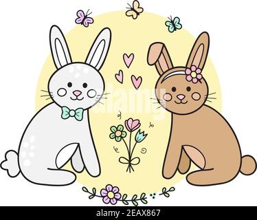 Simpatico grafico vettoriale di bunnies illustrazione. La primavera disegnata a mano, conigli pasquali innamorati, seduti l'uno accanto all'altro con fiori e farfalle Illustrazione Vettoriale