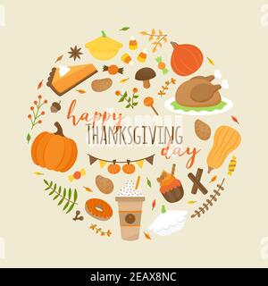 Felice giorno del Ringraziamento vettore grafico rotondo. Design del biglietto d'auguri per il ringraziamento d'autunno. Icone di cibo e piante in cerchio intorno alla scrittura. ISO Illustrazione Vettoriale