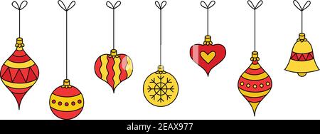 Set di palle di natale appese su illustrazione vettore stringa. Diverse forme di ornamenti xmas, cuore, rotondo, campana e goccia nei colori rosso e oro. Illustrazione Vettoriale