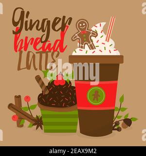 Illustrazione grafica vettoriale del pan di zenzero. Stagionale, autunno, caffè di natale in tazza decorata con panna montata, spruzzare, cucino uomo pan di zenzero Illustrazione Vettoriale