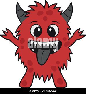 Carino mostro vettore illustrazione carattere cartoon. Disegnato a mano contorno nero e rosso spooky animale di furry con corna. Isolato. Illustrazione Vettoriale