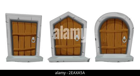 Set porte in legno con decorazione in pietra, arco in stile cartoon isolato su sfondo bianco. Fata, mistero chiuso ingresso, elementi medievali beni per Illustrazione Vettoriale