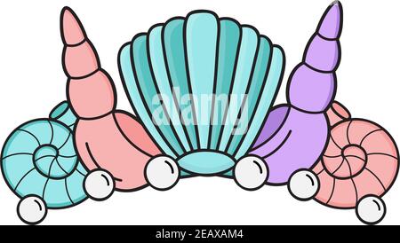 Simpatica illustrazione vettoriale della corona sirena. Mare disegnato a mano, corona subacquea fatta di stelle marine, conca, conchiglia e perle. Isolato. Illustrazione Vettoriale