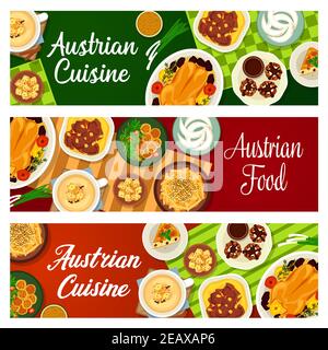 Cucina austriaca ristorante piatti banner. Oca cotta al forno, gnocchi di formaggio e stufato di manzo con purè di patate, zuppa di birra e crostini, torta di mandorle, kned Illustrazione Vettoriale