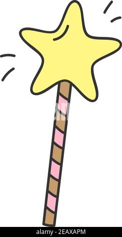 Illustrazione vettoriale della bacchetta magica. Principessa, bacchetta magica della madrina. Imbutita a mano isolata, icona con contorno, adesivo. Illustrazione Vettoriale