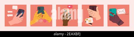 Smartphone in mano. Insieme di icone di concetto vettoriale di social network e comunicazioni. Vari smartphone che tengono le mani. Videochiamata, chat di testo, payme Illustrazione Vettoriale