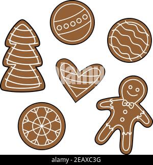 Biscotti di pan di zenzero di Natale vettore delineato illustrazione insieme di icone. Festivo, vacanza, tradizionale uomo pan di zenzero, fiocco di neve, cuore, albero di Natale e o. Illustrazione Vettoriale