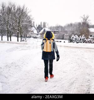 Una donna cammina sulla strada di una strada dentro Magdeburgo in inverno Foto Stock